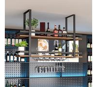 Étagère à vin suspendue industrielle en métal pour bouteille de vin à 2 niveaux - Étagère murale flottante avec rangement pour verres à pied - Économie d'espace pour la décoration de la maison