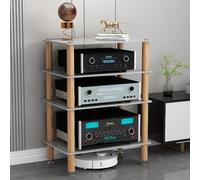 Étagère audio à 4 niveaux - Armoire de rangement multimédia avec étagères en verre trempé et pieds en bois massif absorbant les chocs - Design moderne blanc pour home cinéma et équipement audio