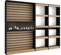 Étagère Bibliothèque, 230x25x186cm, Salon, Cheminée électrique, Chêne et noir