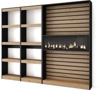 Étagère Bibliothèque, 230x25x186cm, Salon, Cheminée électrique, Chêne et noir
