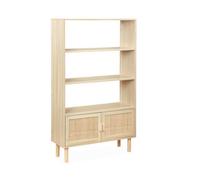 Etagère bibliothèque cannage et décor bois 3 niveaux 2 portes