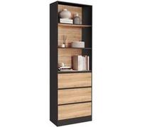 IDMarket – Etagère bibliothèque Carla – 3 niveaux, 3 tiroirs – Noir effet bois – H.190 cm