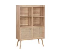 Etagère bibliothèque décor bois et cannage 5 étagères portes coulissantes