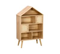 sweeek - Etagère bibliothèque Effet Bois. Pieds en pin. 7 Compartiments et 2 Portes en cannage