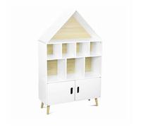 Alice's Home - Etagère bibliothèque Maison pour Enfant - Tobias- Bois Massif en pin Naturel Blanc - 3 Niveaux. 8 Compartiments. 2 Portes