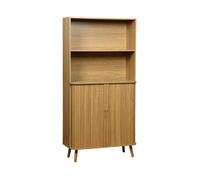 sweeek - Etagère bibliothèque scandinave. 2 Portes coulissantes. 4 Niveaux. Effet Bois rainuré. L 80 x P 45 x H 180cm