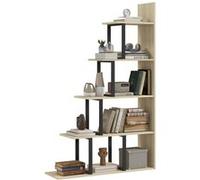 Etagère bibliothèque séparateur de pièce style industriel en escalier 5 étagères acier noir panneaux aspect bois chêne clair