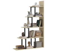 Étagère Bibliothèque Séparateur De Pièce Style Industriel En Escalier 5 Étagères Acier Noir Panneaux Aspect Bois Chêne Clair Noir