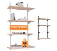 BOOMET Étagère Murale métal avec tablettes - Système d’étagères Mural en 50 Variantes - Hauteur 150 cm - 2 Niveaux 80 x 50 cm (l x p) - Blanc - Rails muraux avec Consoles