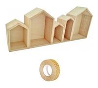 Etagère bois 5 blocs maison 50 x 8 x 20 cm + masking tape doré à paillettes 5 m Beige G