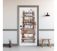 Étagère Bois Effet 3D Sticker Porte, Arme Outils Papier Autocollant Porte Mural Décoration, Rétro Rural Stickers Muraux Amovible PVC 77x200 cm