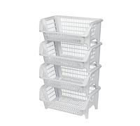 Étagère comprenant quatre paniers empilables en plastique Blanc. empilables et emboîtables. Extensible. Dimensions LxPxH 54,5 x 38 x 92 cm.