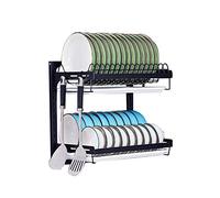 Etagere Cuisine, Égouttoir à vaisselle suspendu, égouttoir à vaisselle mural, 2 niveaux, pour assiettes, bols, épices, étagère de rangement avec bac de drainage, 3 crochets, revêtement noir en acier