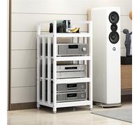 Étagère d'angle à 4 niveaux avec cadre en métal pour équipement audio-vidéo, centre de divertissement idéal pour amplificateurs, haut-parleurs, tourne-disques et solutions de stockage CD