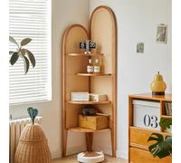 Étagère d'angle à 4 niveaux en bois avec tissage en rotin synthétique, étagère multifonction noire pour livres et présentoirs