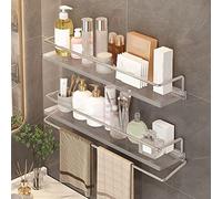 Étagère d'angle de douche en acrylique avec porte-serviettes - Support mural transparent flottant pour maquillage - 2 niveaux de salle de bain argenté 50 cm