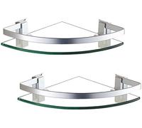 Étagère d'angle de douche - Lot de 2 étagères murales en verre trempé, 8 mm d'épaisseur, finition argentée, design peu encombrant pour un rangement et un rangement faciles