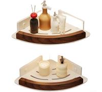 Étagère d'angle en bois pour salle de bain, panier triangulaire mural sans perçage, étagère de douche étanche en bois massif et alliage d'aluminium avec design creux, noir (double couche blanche)
