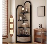Étagère d'angle en Rotin À 4 Niveaux, Bibliothèque d'angle Multifonctionnelle, Panier De Rangement Inférieur À roulettes, Présentoir d'angle sur Pied, pour Salon(Black)