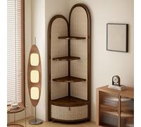 Étagère d'angle en Rotin À 4 Niveaux, Bibliothèque d'angle Multifonctionnelle, Panier De Rangement Inférieur À roulettes, Présentoir d'angle sur Pied, pour Salon(Brown)