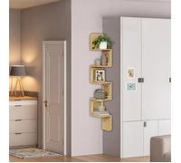 Étagère d'Angle - Style Boho - 5 Niveaux - Rotin PVC - Beige Chêne - Gain de Place