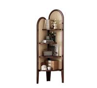 Étagère d'angle vintage en rotin à 4 niveaux - Élégante bibliothèque étroite en forme d'éventail pour salon, chambre à coucher, bureau et balcon - Solution de rangement indépendante finition noyer