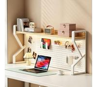 Étagère de bureau à 2 niveaux avec panneau perforé en métal pour accessoires de rangement à domicile et bureau, blanc et bois (54,9 cm) - Parfait pour les travaux manuels et les postes de travail