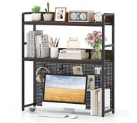 Étagère de Bureau à 2 Niveaux COSTWAY, Panneau à Grille, Kits Anti-basculement, 94x27x103cm Organisateur pour Moniteurs jusqu'à 32""