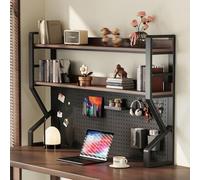 Étagère de bureau à 3 niveaux avec panneau perforé en métal pour rangement et accessoires - Design moderne noir et marron - L 114 cm