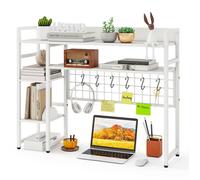 Étagère de Bureau à 4 Niveaux COSTWAY, 6 Crochets, Garde-corps Antichute, 94x25x74cm Organisateur pour Moniteurs jusqu'à 32"", Blanc