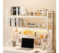 Étagère de Bureau Blanche avec Rangement intégré, Grande capacité de présentation, étagère de comptoir à Plusieurs Niveaux avec Panneau grillagé, idéale pour la Maison, Le Bureau ou Une Chambre d'étu