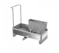 Étagère de comptoir en acier inoxydable pour évier de cuisine pour caddy organiseur vaisselle, savon, éponge avec plateau de drainage pour éponges, noir, blanc, gris, antirouille (gris)