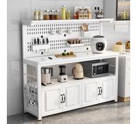 Étagère de cuisine à 4 étages avec 4 portes - Support industriel pour four à micro-ondes - Grand plan de travail - Table basse - Design perforé - Blanc - 160 x 40 x 140 cm
