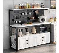 Étagère de cuisine à 4 niveaux avec 4 portes, grand plan de travail, four à micro-ondes, table basse industrielle avec panneau arrière perforé à faire soi-même, blanc et noir, dimensions : 120 x 50 x