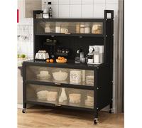 Étagère de cuisine à 5 niveaux - Meuble de rangement multifonction pour micro-ondes avec porte rabattable et accessoires Noir (100 cm) - Idéal pour la maison