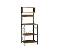 Etagère de cuisine avec multiprise et 2 chargeurs USB - 2 étagères, plateau, niche, 5 crochets - acier noir aspect bois vieilli