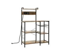 Etagère de cuisine avec multiprise et 2 chargeurs USB - 6 étagères, plateau, 5 crochets - acier noir aspect bois vieilli