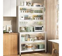 Étagère de cuisine blanche à 6 niveaux avec roulettes, armoire de rangement indépendante, étagères spacieuses en métal, panneau perforé et 8 crochets, parfait pour l'organisation et économiser de