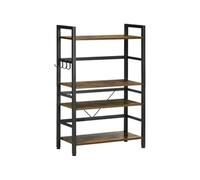 Etagère de cuisine design industriel - 4 étagères, crochets - châssis acier noir panneaux aspect bois vieilli