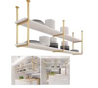 Étagère de cuisine en or noir, support de rangement de casseroles, plafond en bois, étagères flottantes pour ustensiles de four à micro-ondes, support pour plantes à 2 niveaux(Gold,90x30x80cm)