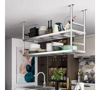Étagère de cuisine flottante en acier inoxydable, étagère flottante pour organisation de la maison, étagère montée au plafond à 2 couches pour décoration de bar et présentation de verdure