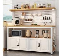 Étagère de cuisine industrielle à 4 niveaux avec 4 armoires, grand plan de travail, support de four à micro-ondes, table de bar, table basse, design perforé, beige et blanc, 160 x 40 x 140 cm