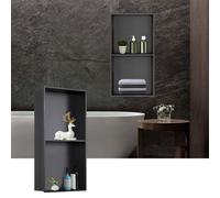 Étagère de douche en acier inoxydable avec double étagères - Étagère de douche en T noire, pas de carrelage nécessaire, solution de rangement murale carrée pour salle de bain, 70 x 28 x 12 cm