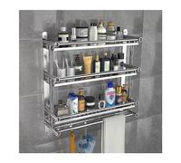 Étagère de douche murale en acier inoxydable - Rangement de salle de bain à trois niveaux avec porte-serviettes et crochet pour produits de soins de la peau - Solution simple sans perçage