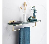 Étagère de douche murale style nordique en laiton avec porte-serviettes - Étagère flottante en marbre vert de 40 cm pour shampooing et cosmétiques - Salle de bain élégante