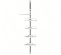 Étagère de douche Télescopique, Hauteur 95-300 cm, 4 Plateaux, 3 Crochets, Étagère d'angle de salle de bain, 1 Porte-Serviettes, Blanc et Argent Blanc