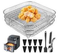 Étagère de friteuse à air à 3 niveaux empilable en acier inoxydable carré accessoires de friteuse à air avec 8 pieds en silicone, 1 pince à épiler et 1 brosse pour la plupart des