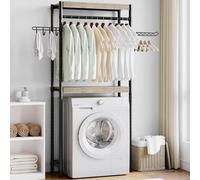Étagère de machine à laver sans perçage - Avec étagère - Barre de suspension et crochets - Peu encombrante - 79 x 30 x 188 cm (l x P x H) - En métal - Noir et gris