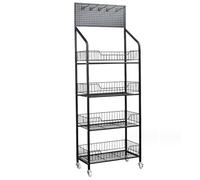 Étagère de magasin de détail - 140 x 50 x 27 cm - Étagères de supermarché - Étagères de vente avec 4 roulettes - Étagère de rangement avec 4 étagères - Étagère d'atelier avec 5 crochets muraux