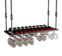 Étagère de plafond à suspendre pour verres à vin, support réglable pour bouteilles de vin avec gobelets/verres à pied, support de rangement pour vin pour étagères de bar de cuisine - Métal n
